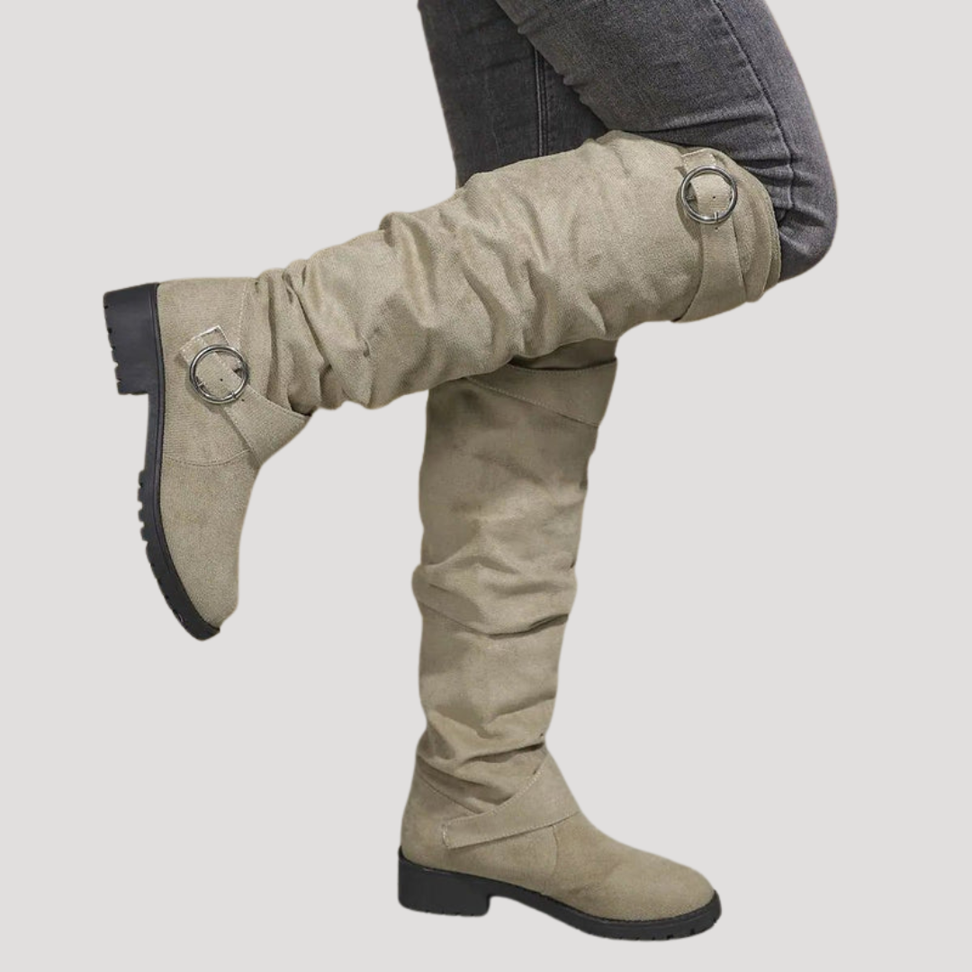 Women's Suede Knee-High Boots with Buckle Detail
