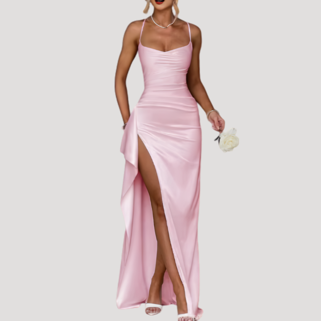 Long Satin Dress for Women with Draped Neckline and High Slit
