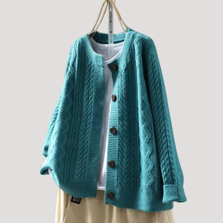 Women's Twisted Knit Cardigan with Round Neck