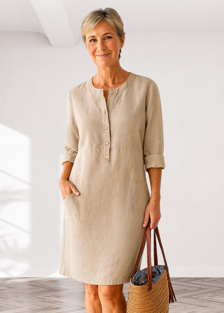 Classic Casual Midi Dress for Women – Loose Fit with Pockets
