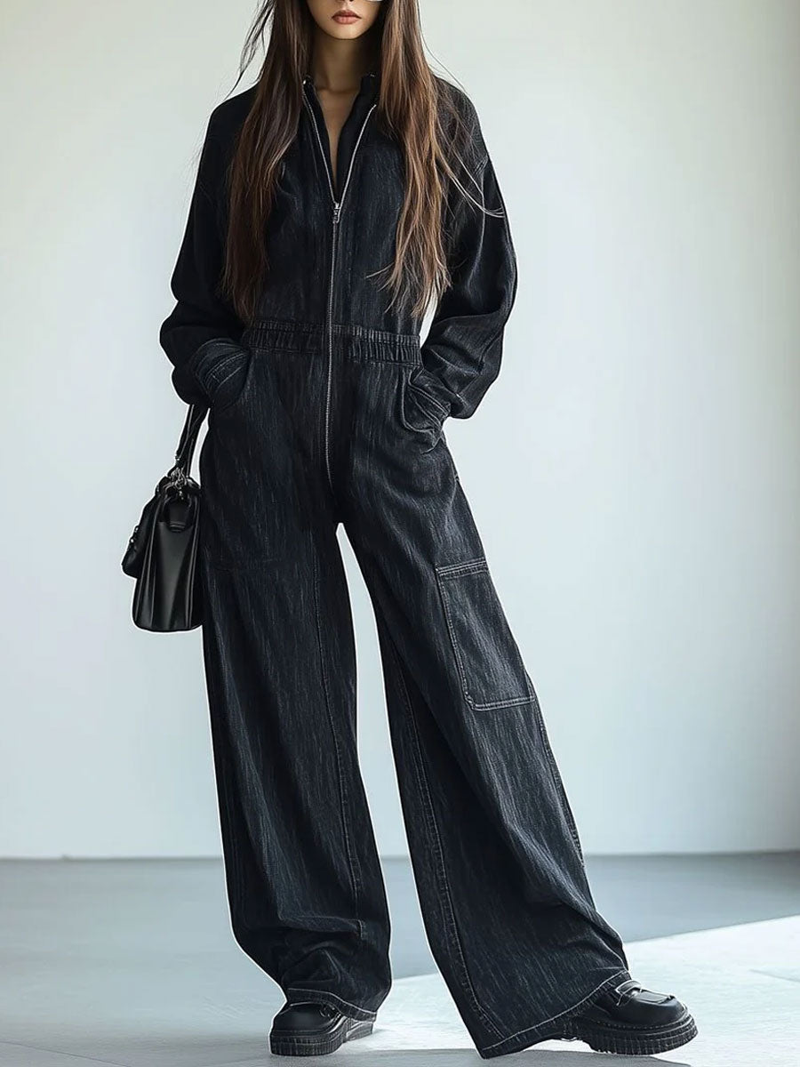 【24-hour shipping out】Casual Loose Retro Denim Zipper Elastic Waist Lapel Long Sleeve Jumpsuit - Elena Harper