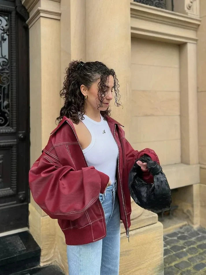 Virella Oversized Jacket in Leather Look with Statement Style, view 3 - Elena Harper