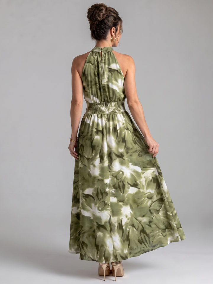 Women's Midi Dress with Abstract Print and Gathered Waist Flowing and Elegant, view 4 - Elena Harper