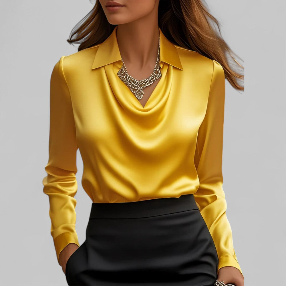 Rose Women’s Draped Neck Long Sleeve Satin Blouses - Elena Harper