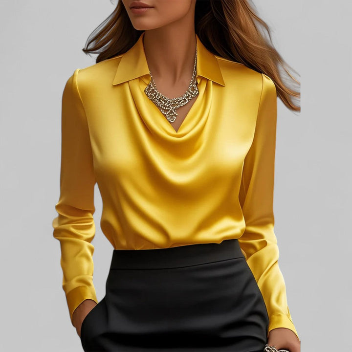 Rose Women’s Draped Neck Long Sleeve Satin Blouses - Elena Harper