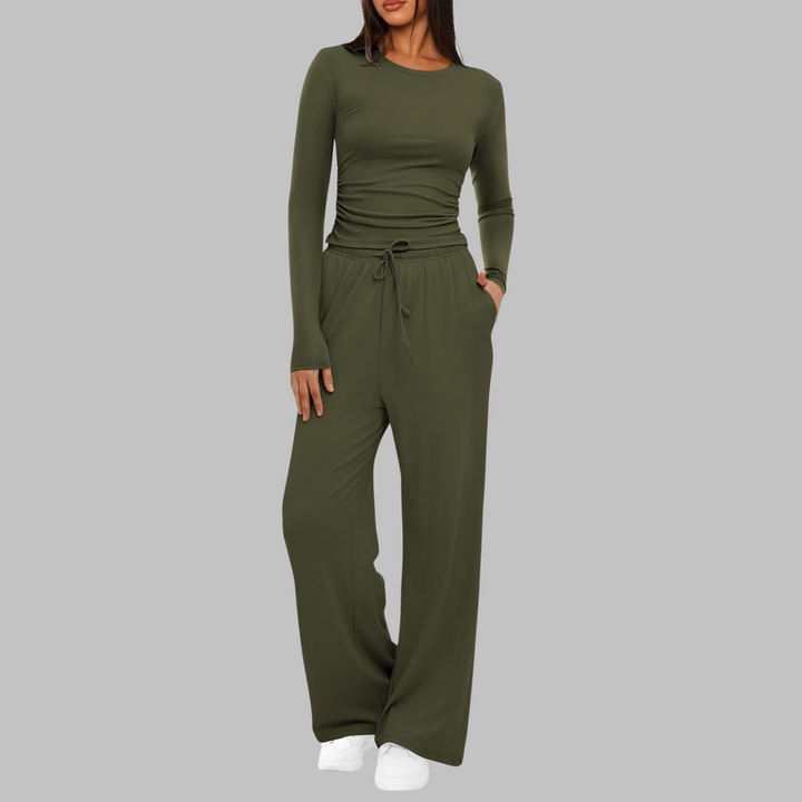 BELLE Casual Long Sleeve Top and Wide Leg Pants Set - Elena Harper