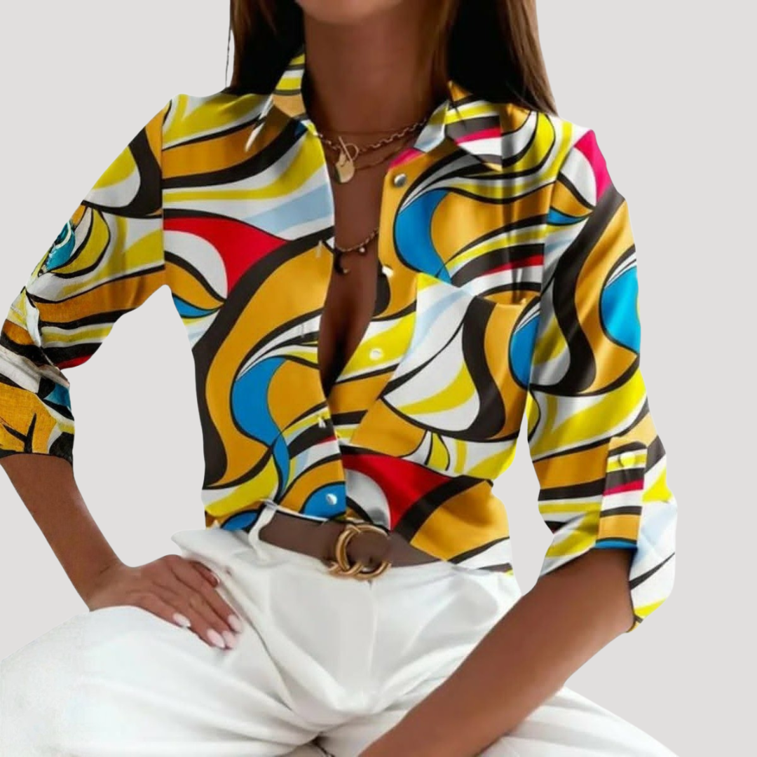 Chic Women's Blouse with Geometric Pattern and Shirt Collar