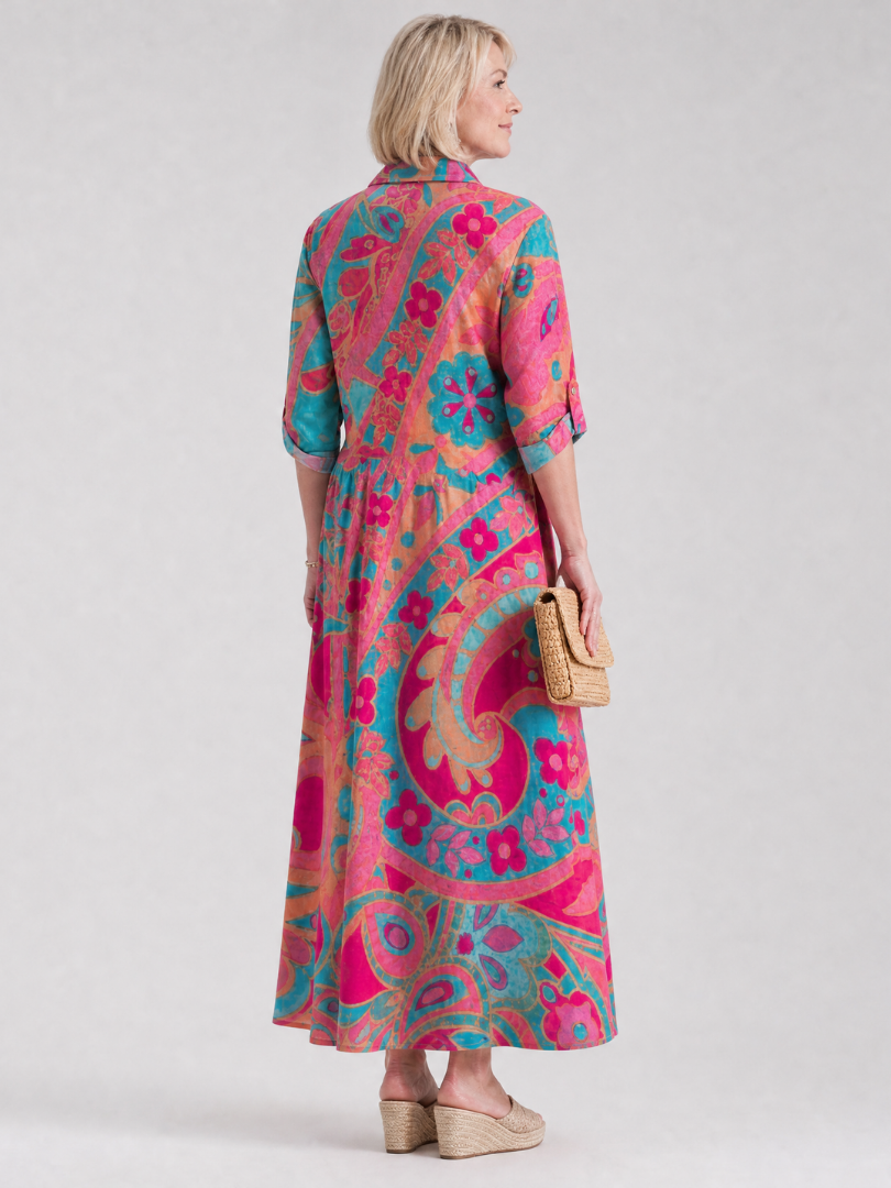 Women's Printed Midi Dress with Buttoned Shirt Collar - Elegant and Easy to Wear