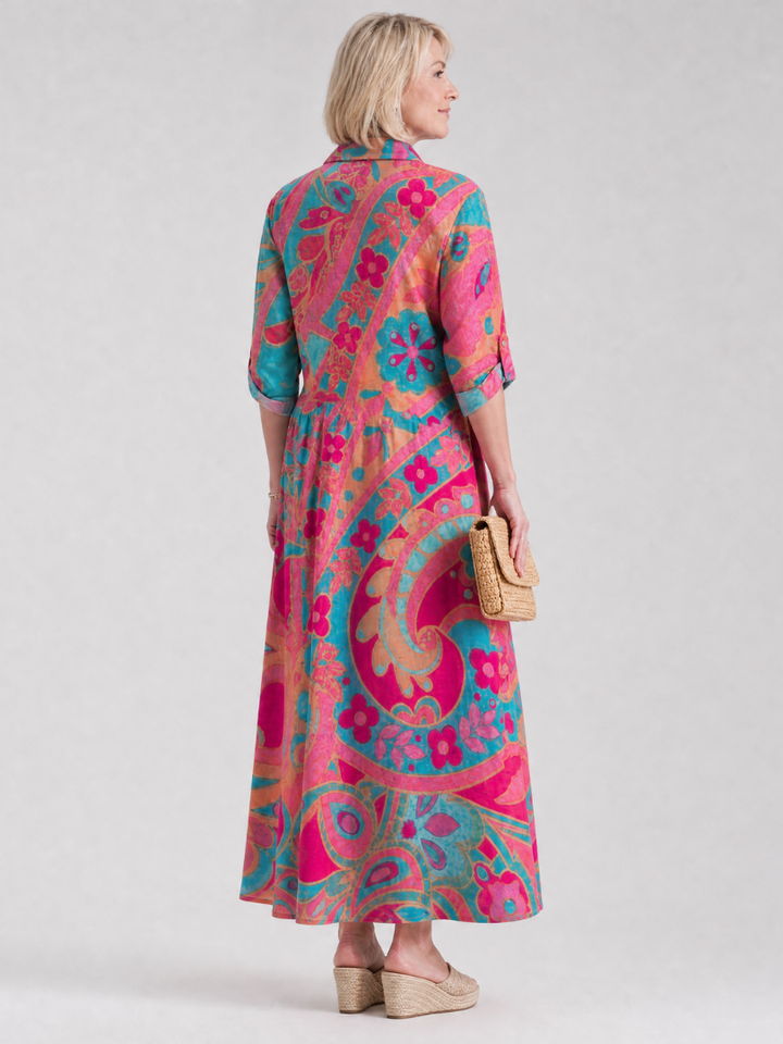 Women's Printed Midi Dress with Buttoned Shirt Collar - Elegant and Easy to Wear
