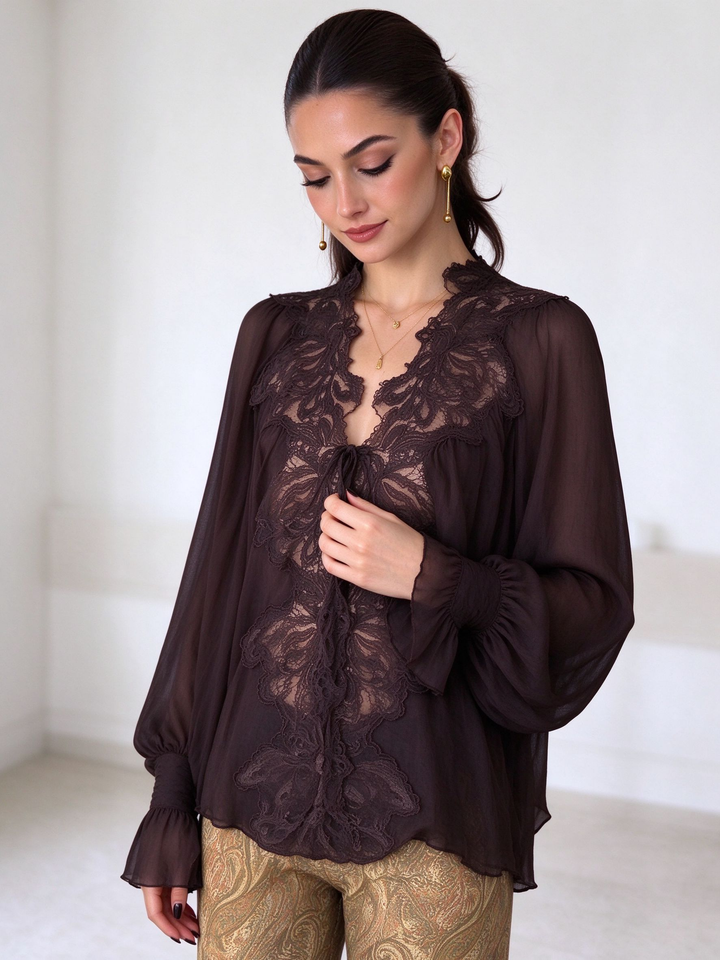Bow Detail Lace Chiffon Blouse