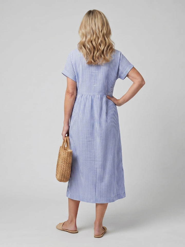 Women's Striped Short Sleeve Button-Front Midi Dress