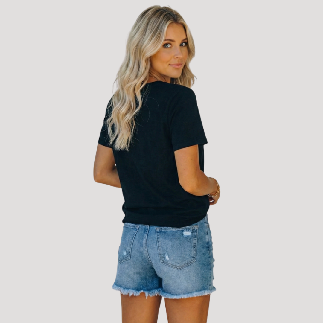 High-Waisted Ripped Denim Shorts for Women, view 4 - Elena Harper