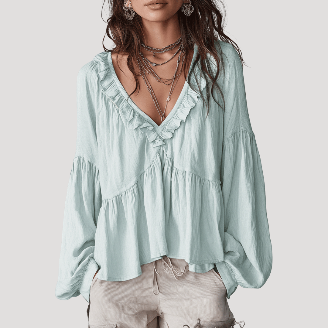 Women's V-Neck Blouse with Ruffles and Long Sleeves