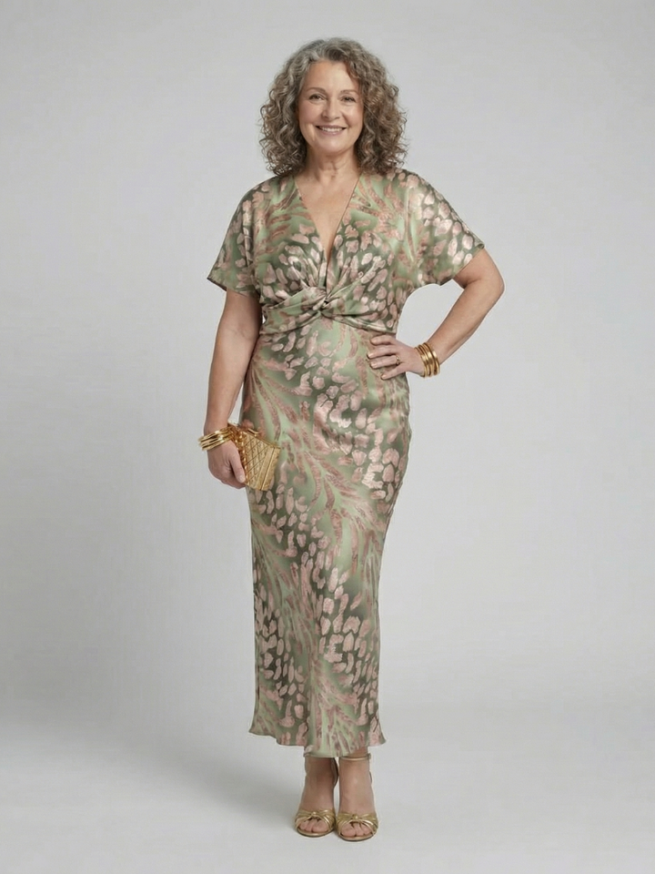 Abstract Print Midi Dress with V-Neck and Twisted Waist - Elena Harper