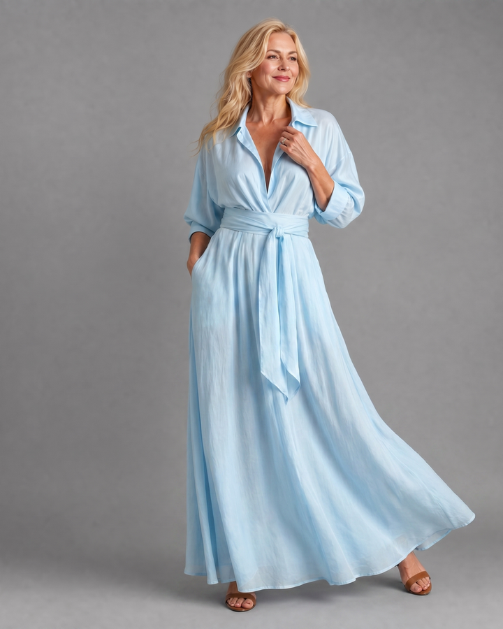 Zelith Belted Collared Flowing Long Sleeve Midi Dress - Elena Harper
