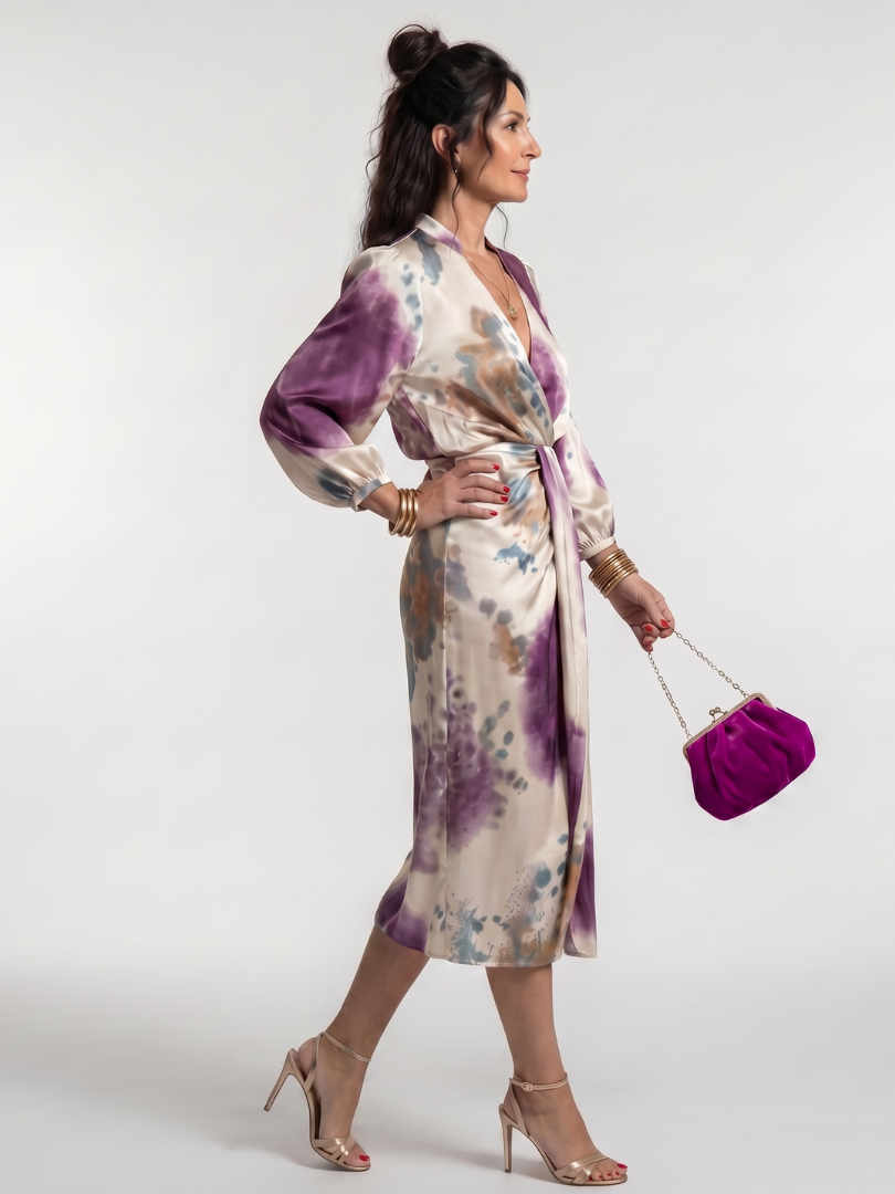 Women's Printed Cross Wrap Tie Waist Midi Dress