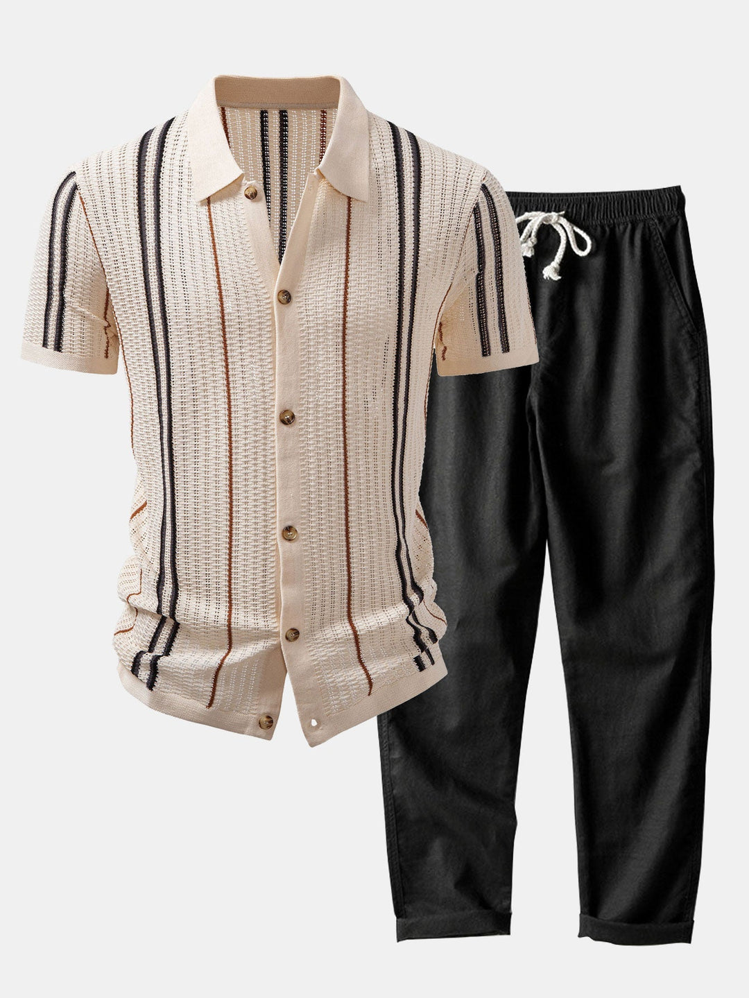 CROCHET STRIPED SHIRT WITH BUTTONS & STRAIGHT LEG LINEN PANTS