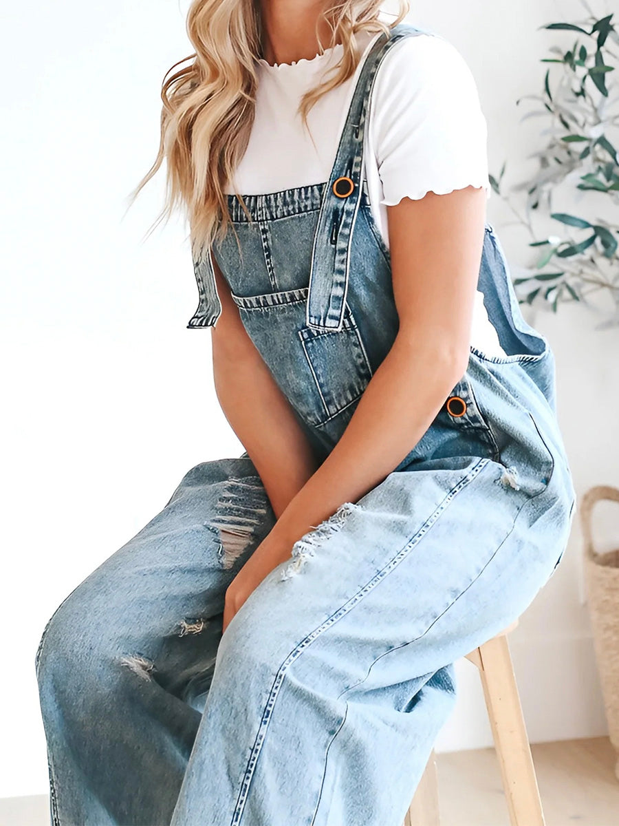 ELESSA – LOOSE FIT DENIM DUNGAREES IN DISTRESSED LOOK