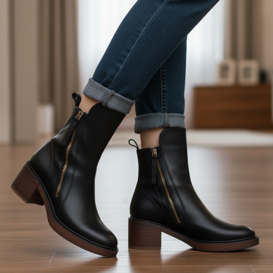 Marcel Black Leather Ankle Boots with Comfortable Heel - Elena Harper