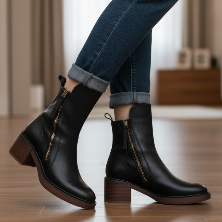 Marcel Black Leather Ankle Boots with Comfortable Heel - Elena Harper