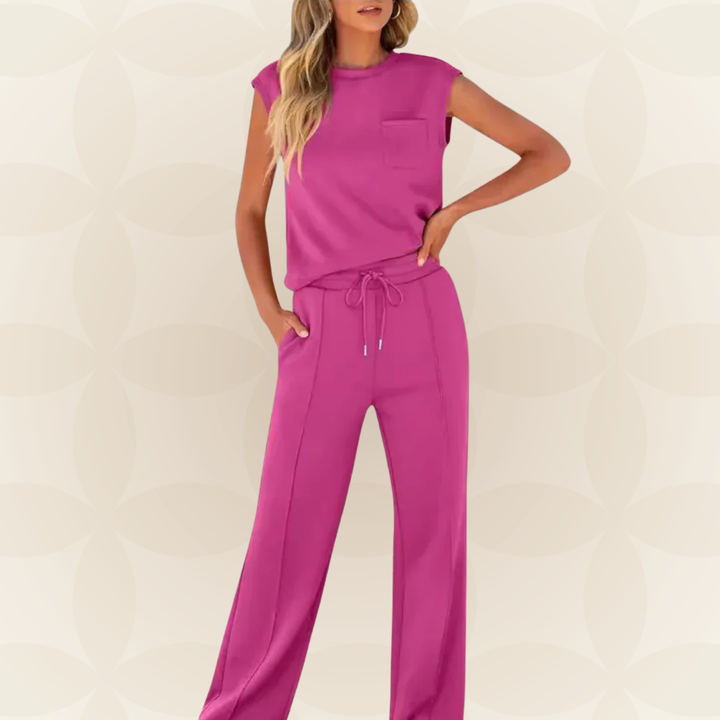 Elegant women's outfit with sleeveless top and flowy wide pants, view 3 - Elena Harper