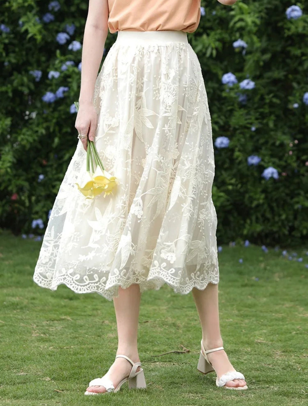 Embroidered Lace Midi Skirt