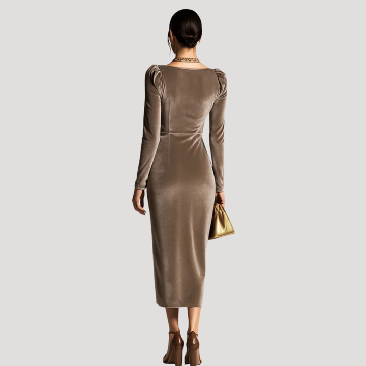 Draped Velvet Dress for Women with Long Sleeves - Elegant