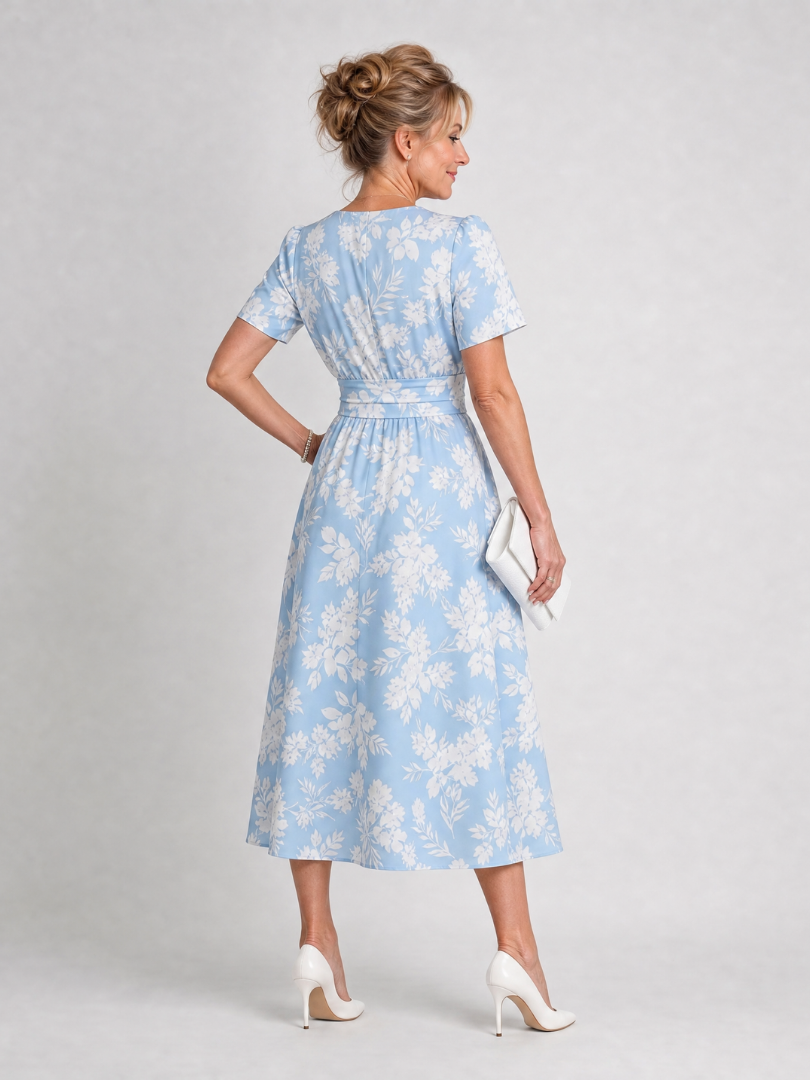 Women's Floral Print Short Sleeve V-Neck Midi Dress