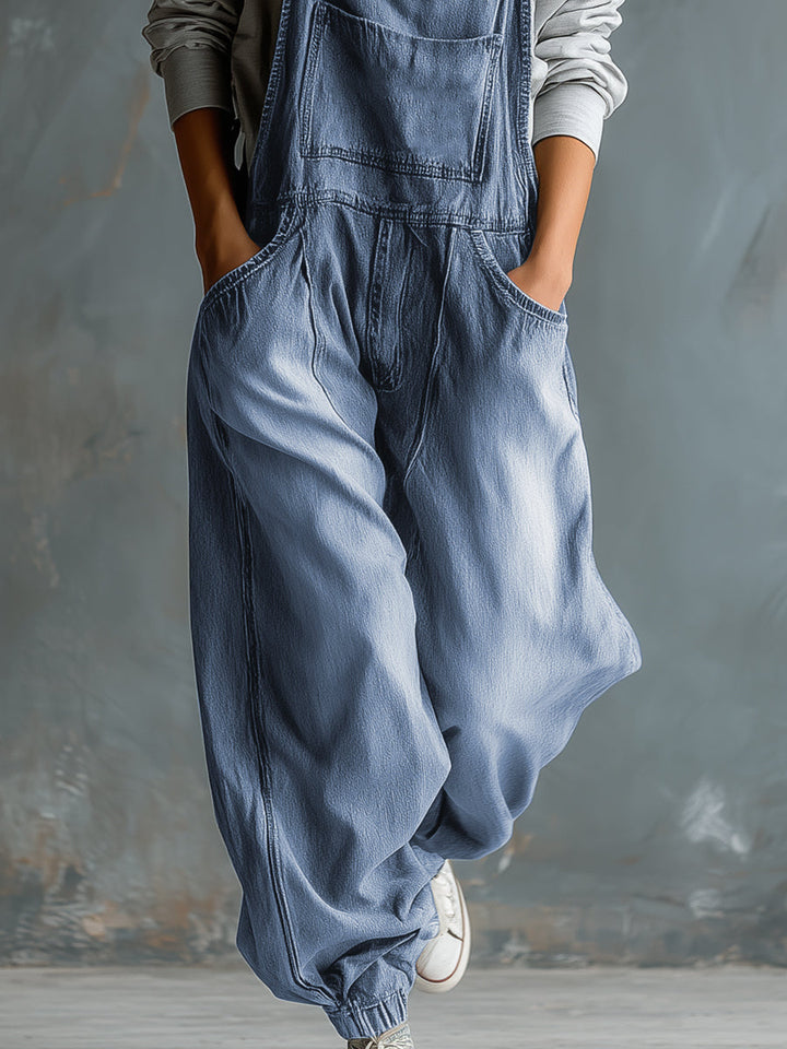 Casual Retro Washed Denim Blue Pocket Overalls