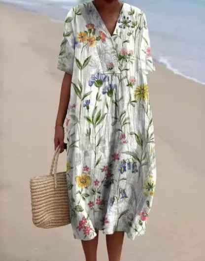 Margaret Vibrant Floral Garden Print Flowy Dress, view 8 - Elena Harper