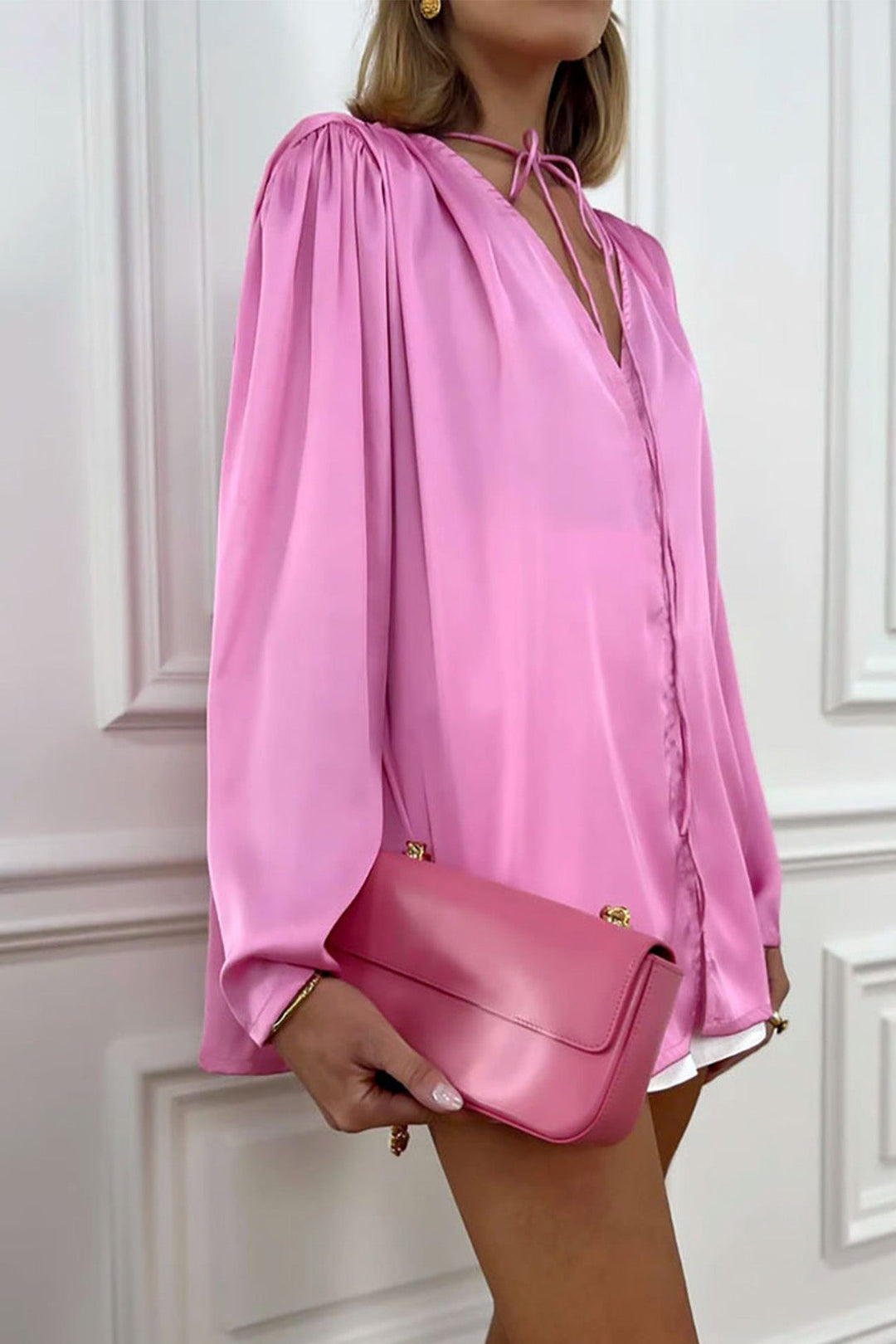 Victoria - Pink Floral Lace Ruched Blouse with V-Neck