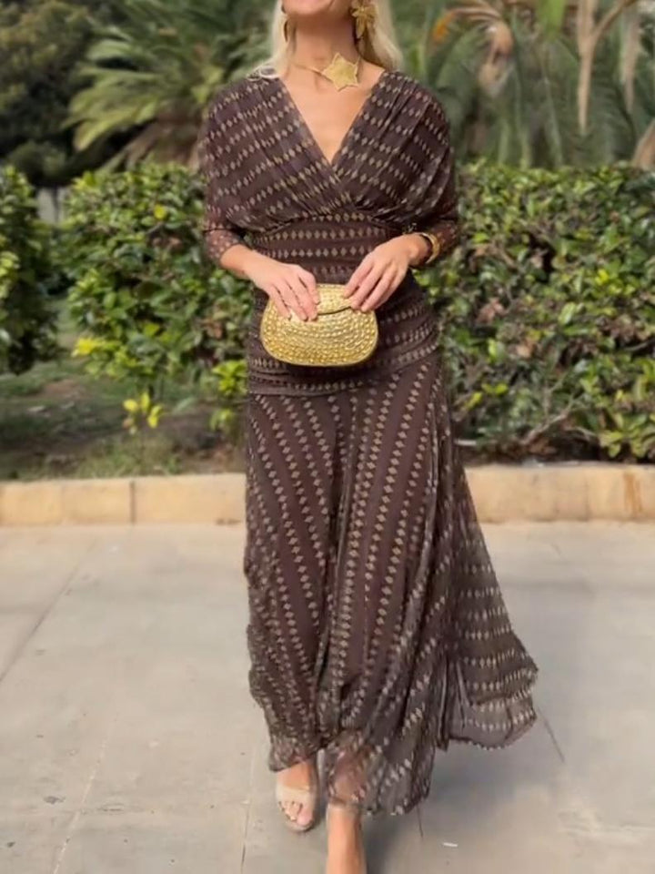 Bohemian Patterned V Neck Mesh Maxi Dress