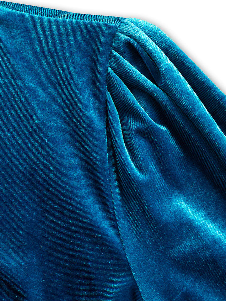 Elegant Midnight Blue Velvet Wrap Midi Dress