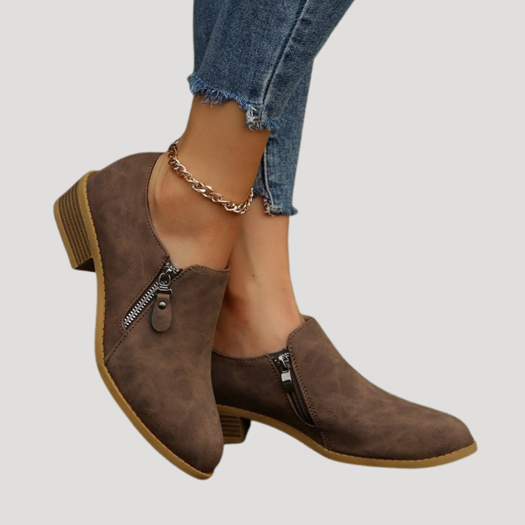Women's Low Heel Ankle Boots with Zipper Details