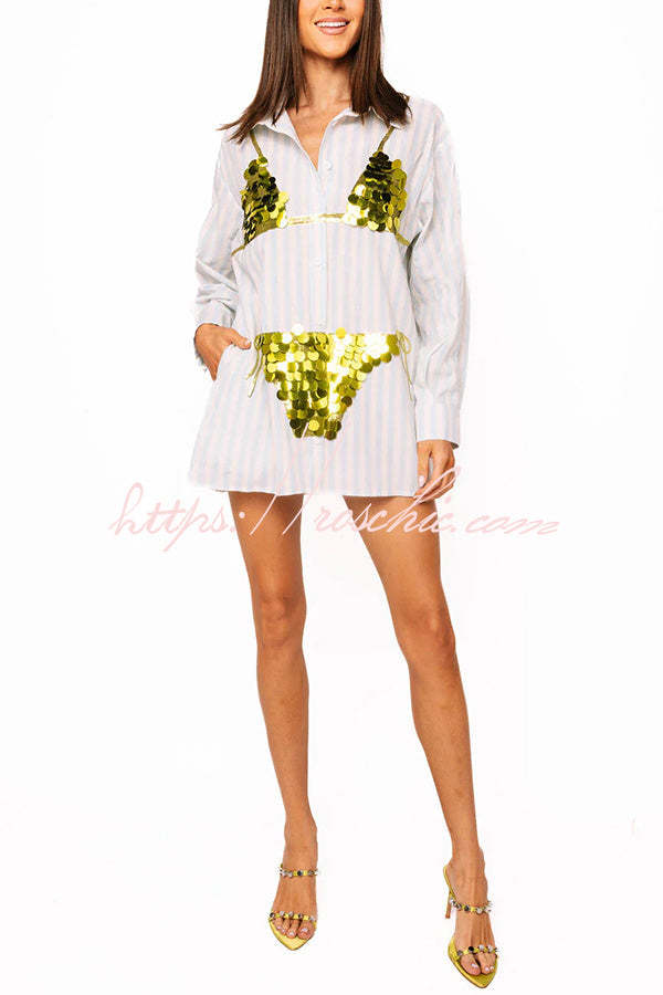 Vacation Vibe Gold Sequin Long-sleeved Bikini Pattern Blue & White Stripe Button Up Pocket Tunic (Shipped Within 24 Hours)