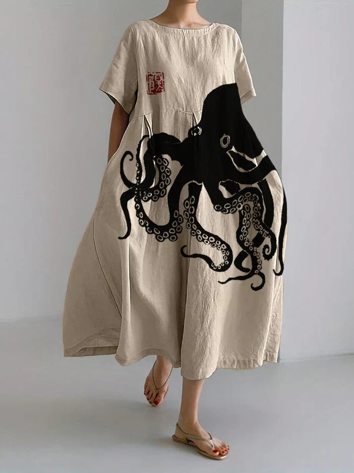 Women's Elegant Japanese Octopus Print Maxi Dress