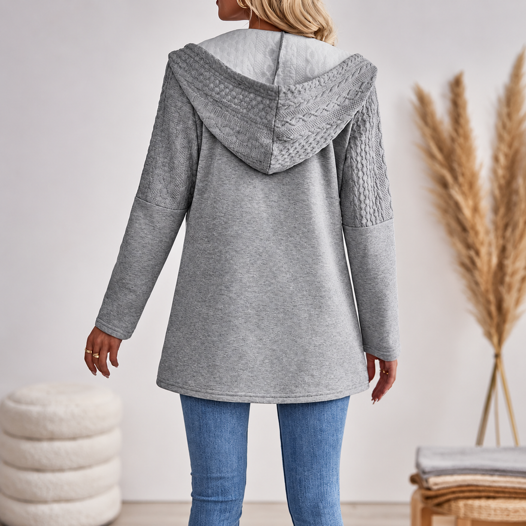 Elena | Long Knit Hoodie with Cable Pattern and Zipper