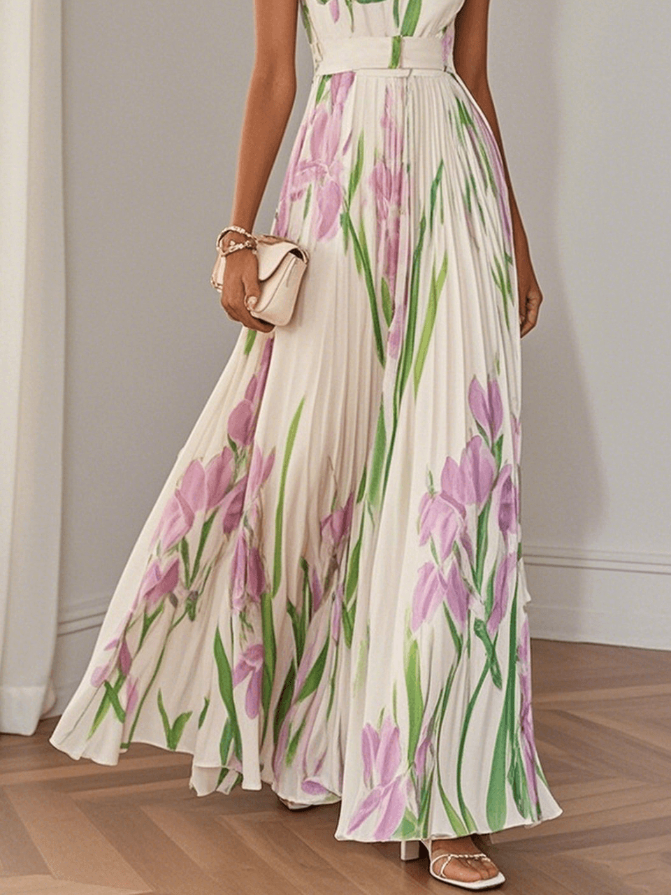 Long Pleated Mousseline Dress Timeless Elegance - Elena Harper