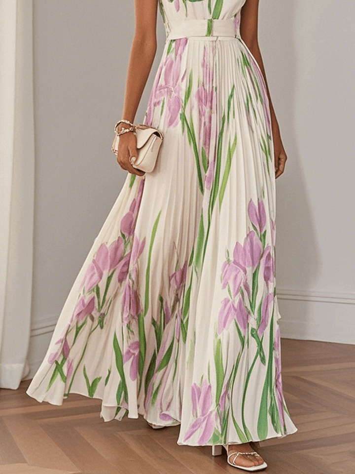 Long Pleated Mousseline Dress Timeless Elegance - Elena Harper