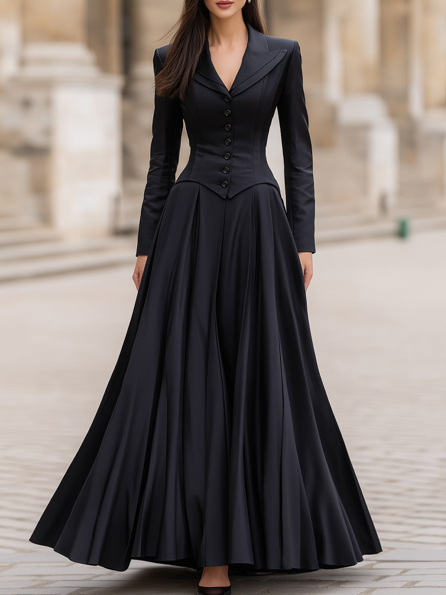 Elegant Tailored Waist Long-Sleeve Maxi Dress - Elena Harper