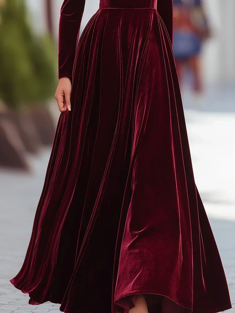 Burgundy Velvet Evening Dress with Long Sleeves - Elena Harper