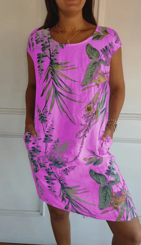 Printed summer dress in cotton and linen for women with pockets - Elena Harper