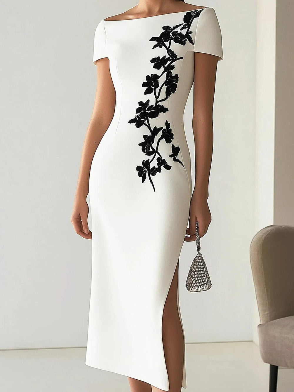Audrey Chic Floral Print Boat Neck Midi Dress Outfit - Elena Harper