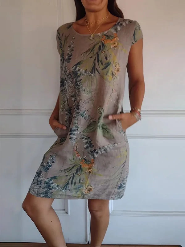 Printed summer dress in cotton and linen for women with pockets - Elena Harper