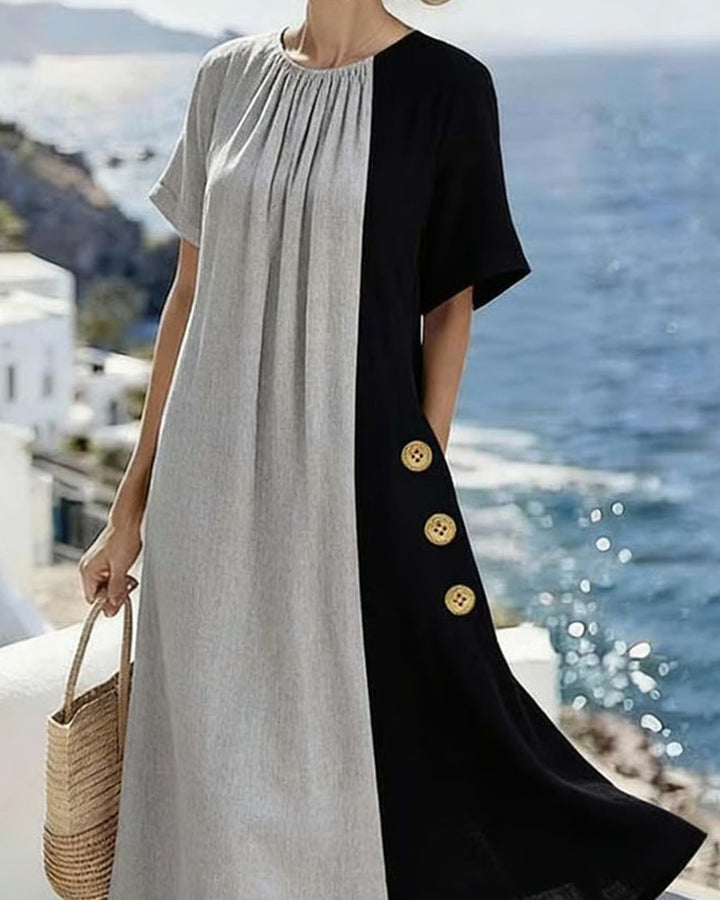 Casual long dress with round neck and contrasting color - Elena Harper