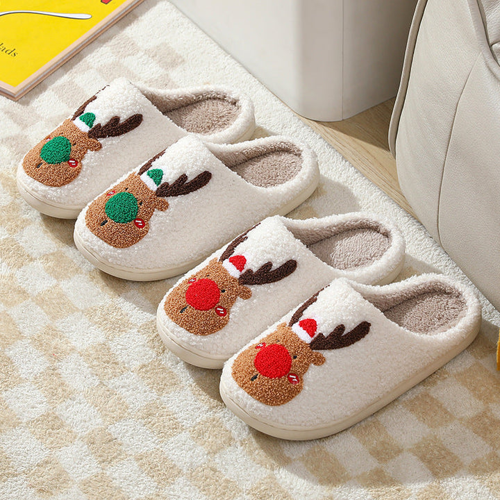 Reindeer Cheer | Cream Reindeer Print Christmas Slippers For Women