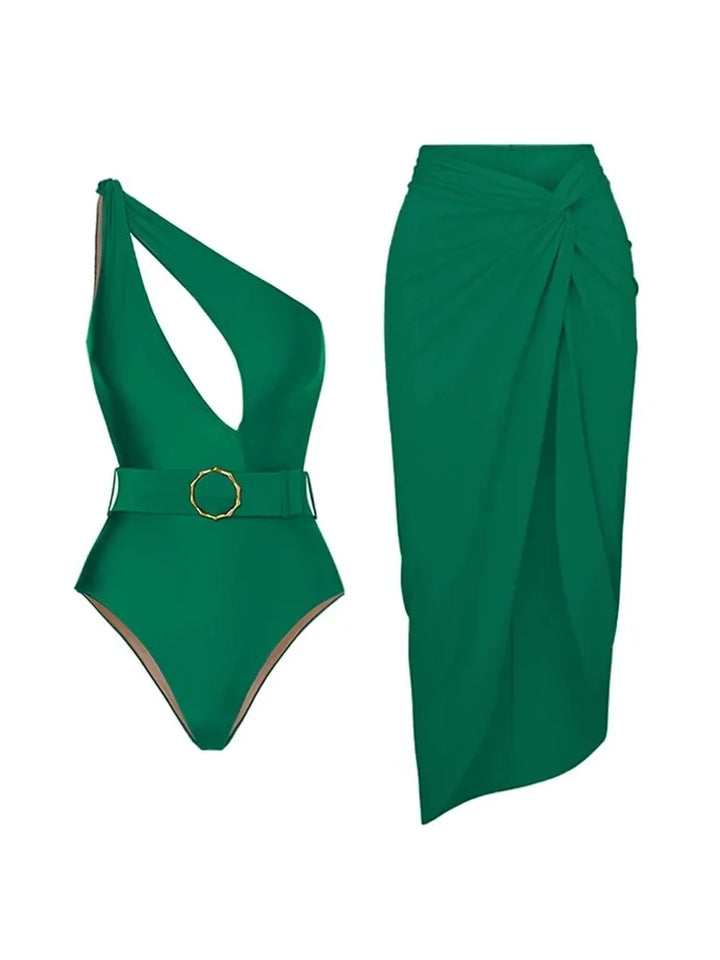 Solid Color Elegant One-Piece Swimsuit Set, view 8 - Elena Harper