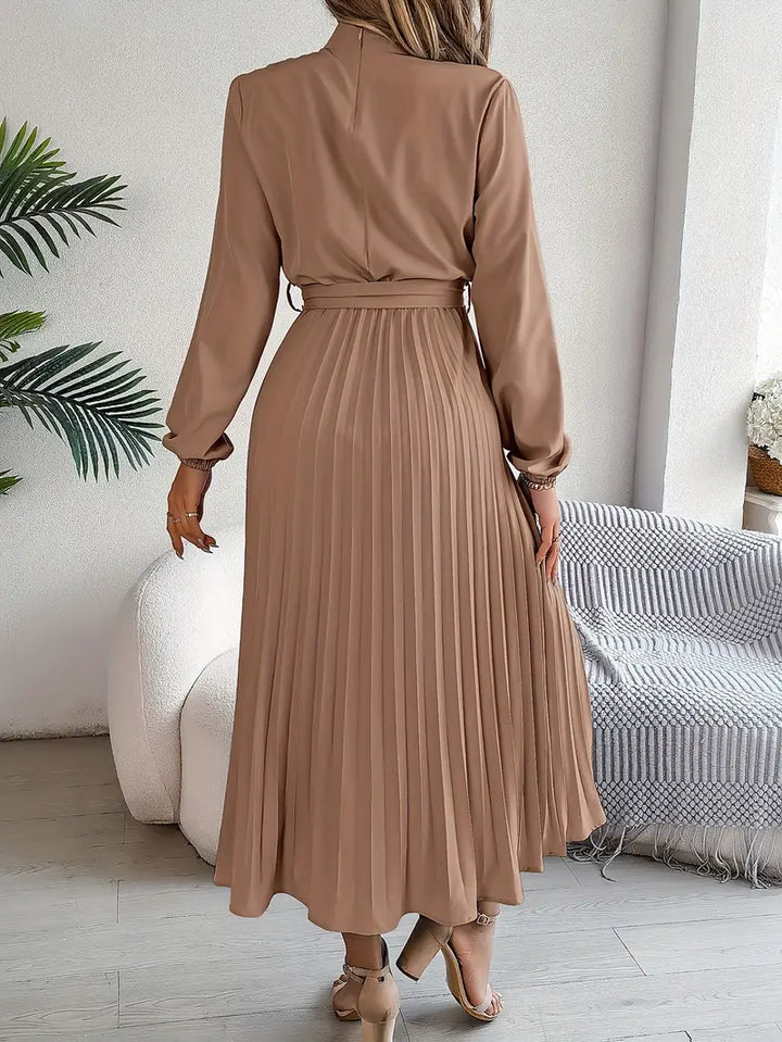 Women's Elegant Long-Sleeve Belted Midi Dress
