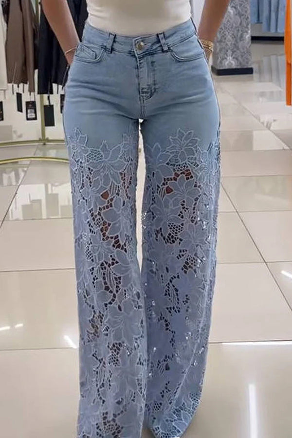 Fashion Hollow Lace Stitching Casual Pocket Denim Wide-leg Pants, view 7 - Elena Harper