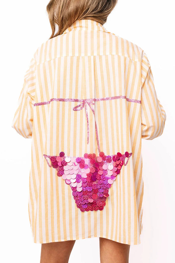 Vacation Vibe Gold Sequin Long-sleeved Bikini Pattern Blue & White Stripe Button Up Pocket Tunic (Shipped Within 24 Hours)